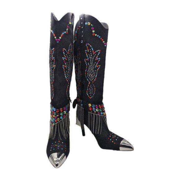 Gianni Bini Women's Boots Size 7 Kaitlin Rhinestone Fringe Denim Cowboy Black - Picture 2 of 14